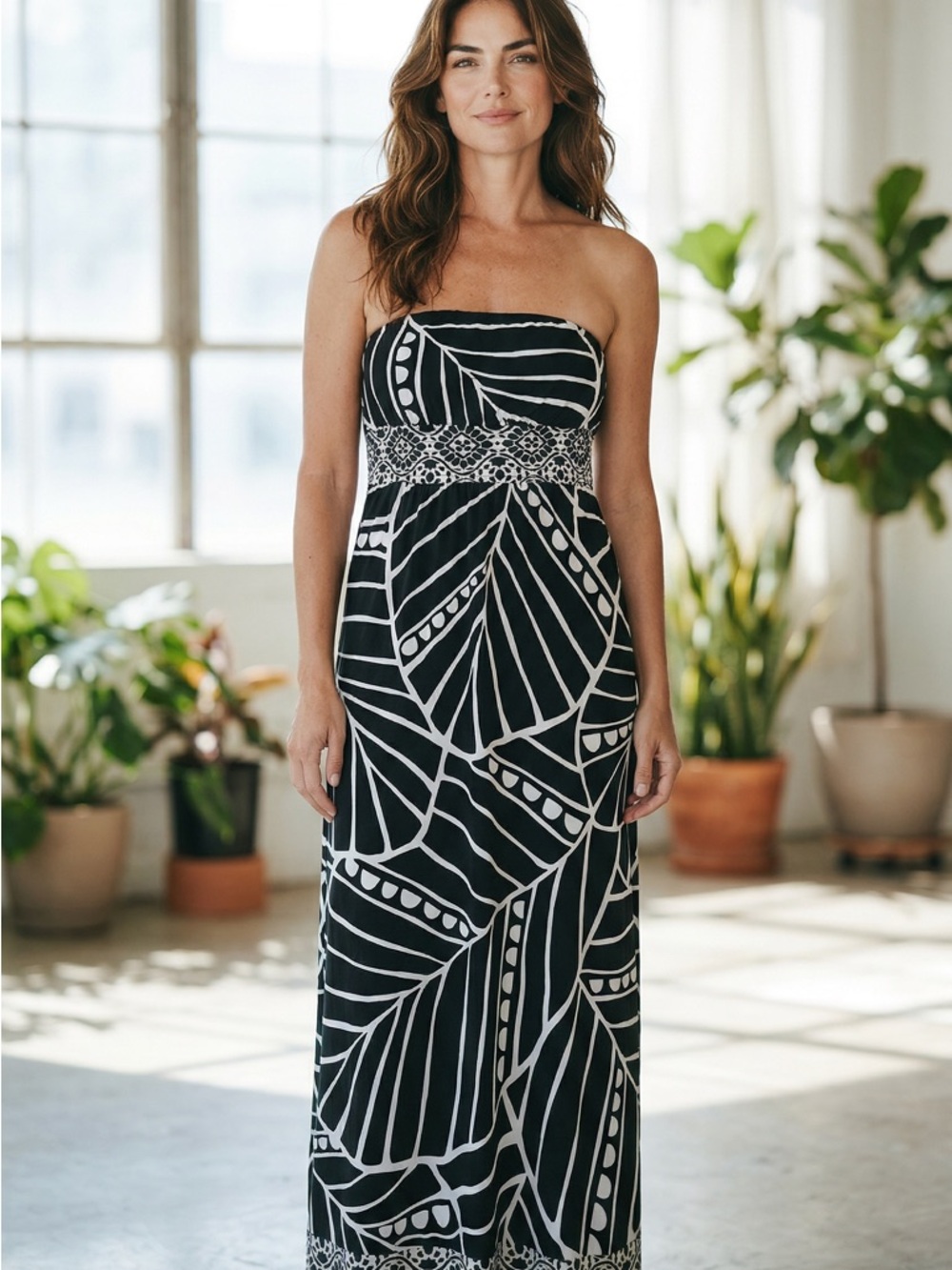 White House Black Market Black and White Strapless Maxi Dress